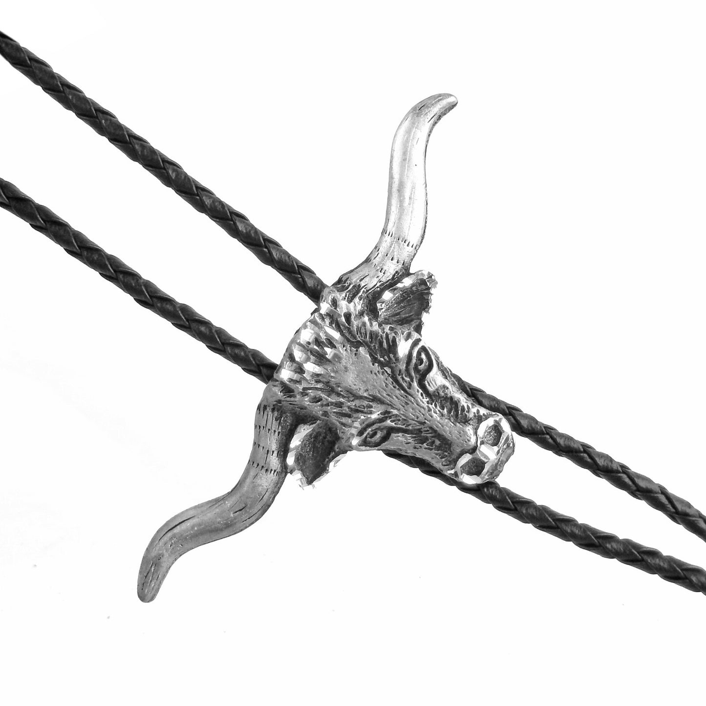 Steer Head Bolo Tie Western Longhorn Silver Tone 36 inch Black Cord USA Made