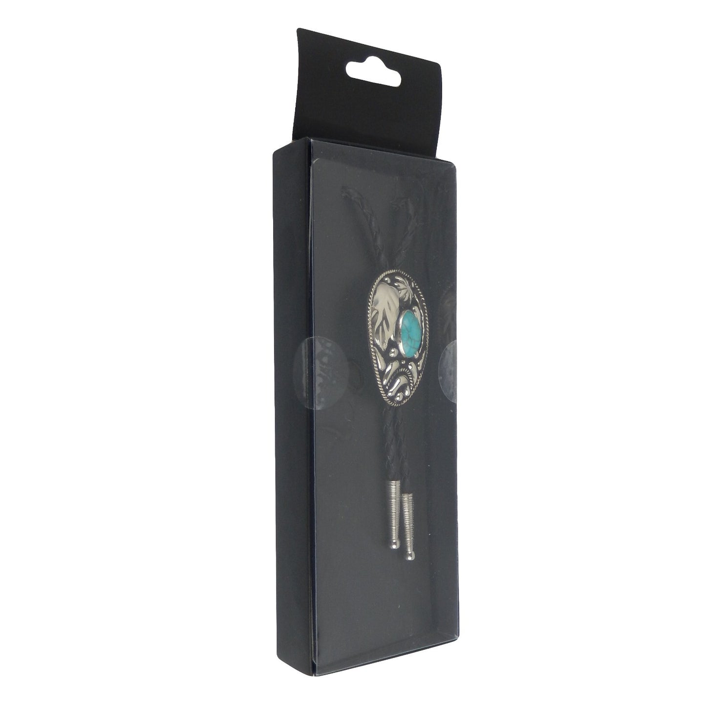Turquoise Stone Floral Bolo Tie German Silver 36 inch Black Cord Made in USA