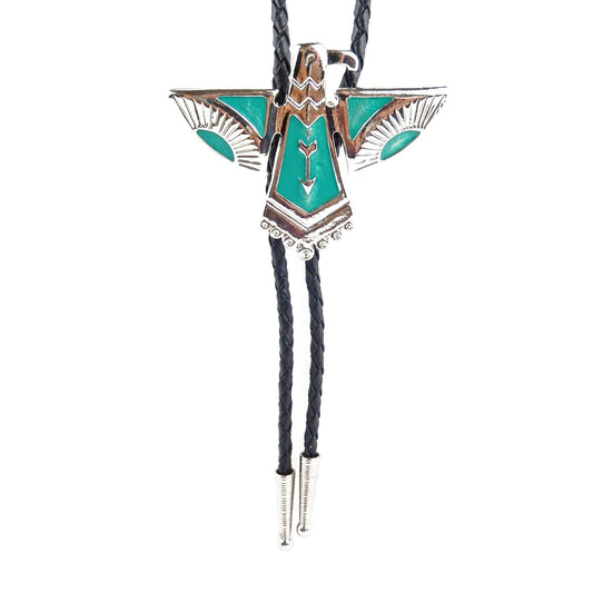 Thunderbird Eagle Bolo Tie Silver Plated Blue Enamel 36 inch Black Cord USA Made