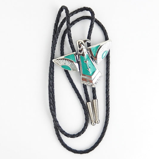 Thunderbird Eagle Bolo Tie Silver Plated Blue Enamel 36 inch Black Cord USA Made