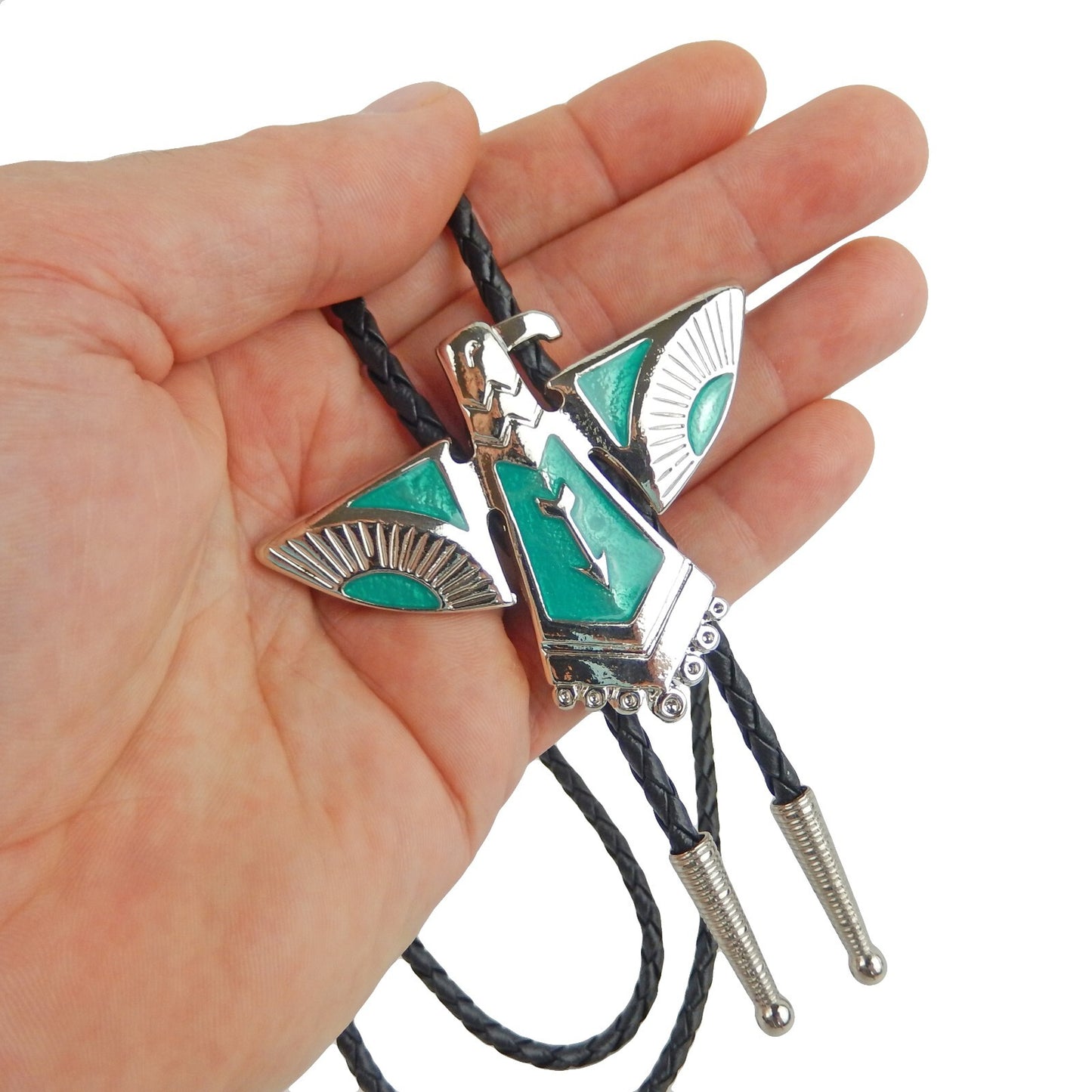Thunderbird Eagle Bolo Tie Silver Plated Blue Enamel 36 inch Black Cord USA Made
