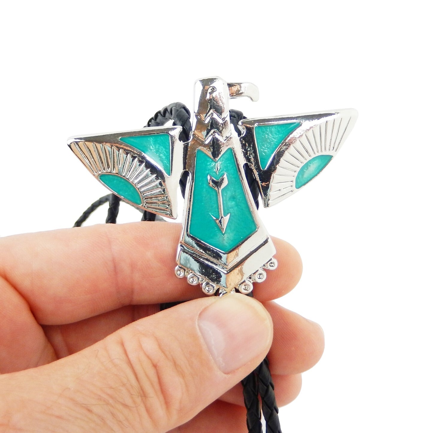 Thunderbird Eagle Bolo Tie Silver Plated Blue Enamel 36 inch Black Cord USA Made