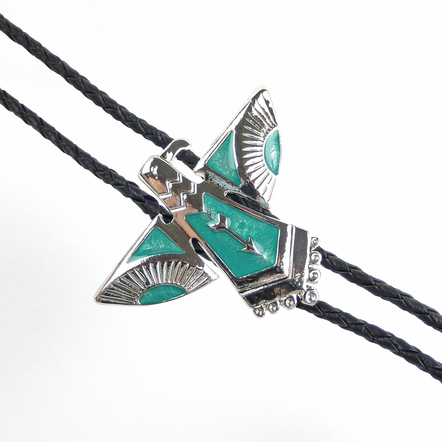 Thunderbird Eagle Bolo Tie Silver Plated Blue Enamel 36 inch Black Cord USA Made