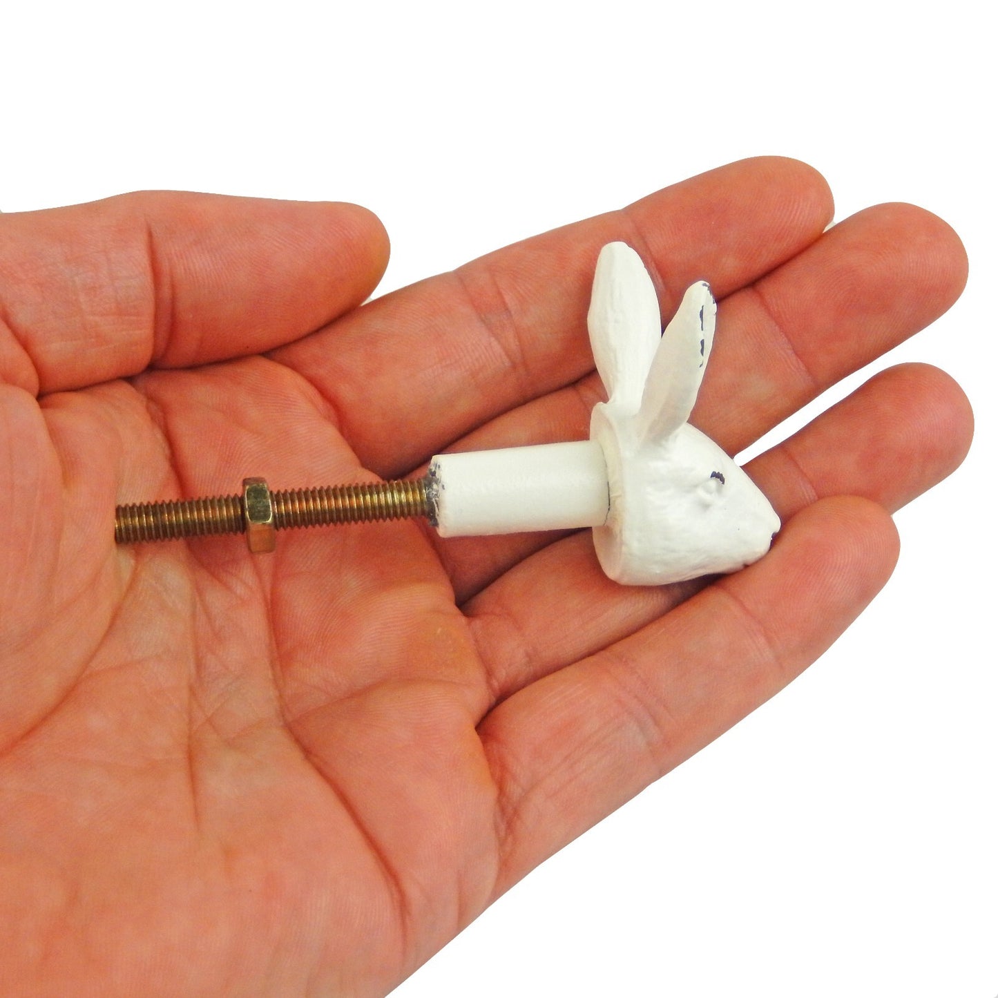 Small Cast Iron White Bunny Rabbit Cabinet Drawer Knob Pull Antique Style 1.5 in