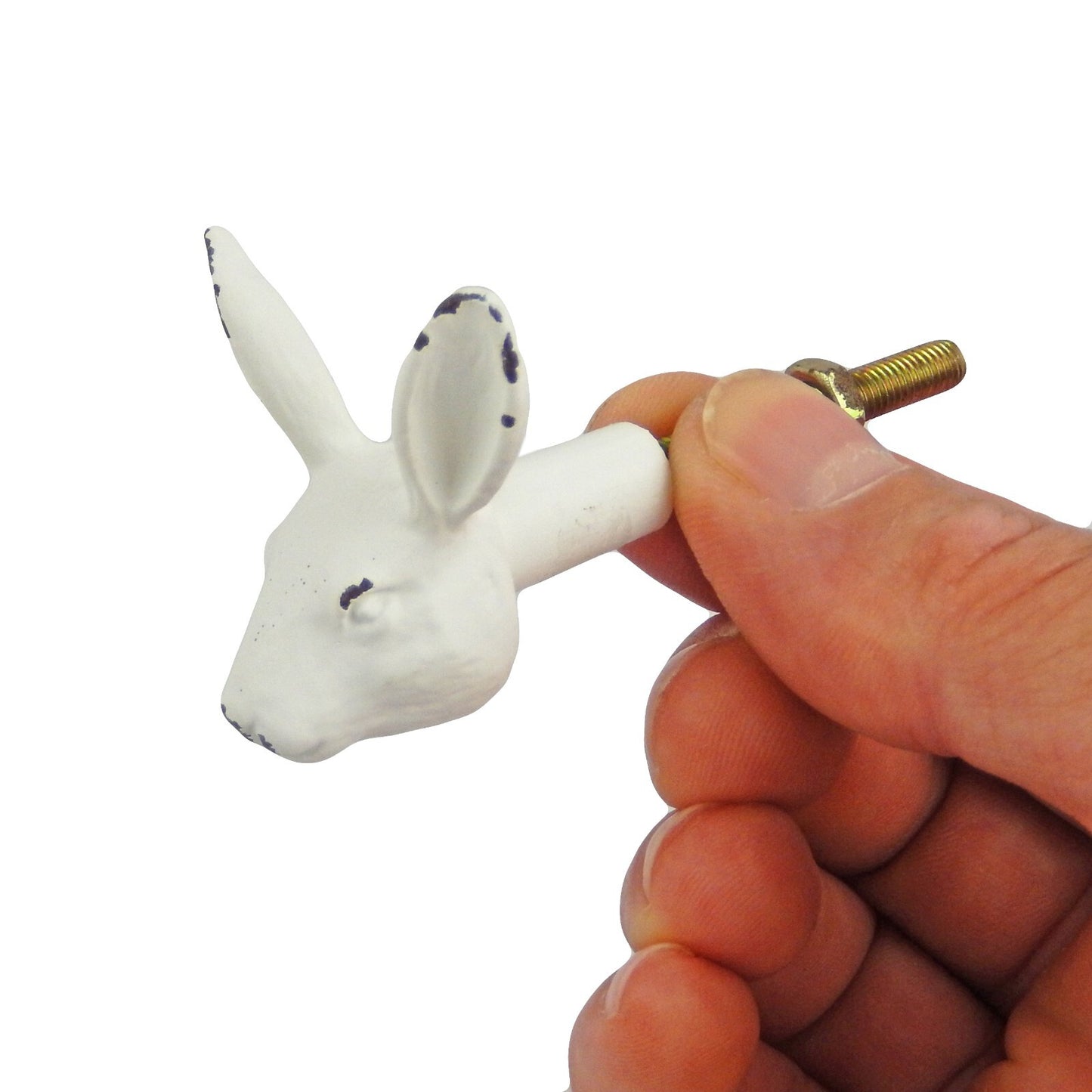 Small Cast Iron White Bunny Rabbit Cabinet Drawer Knob Pull Antique Style 1.5 in