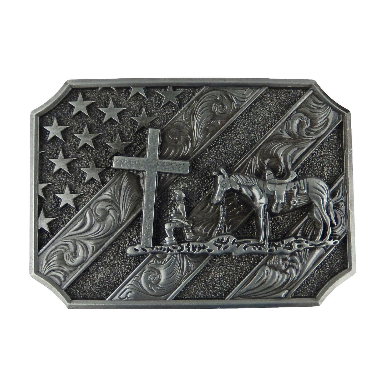 Kneeling Praying Cowboy Star Cross Belt Buckle Antique Silver Fits 1.5 inch Belt