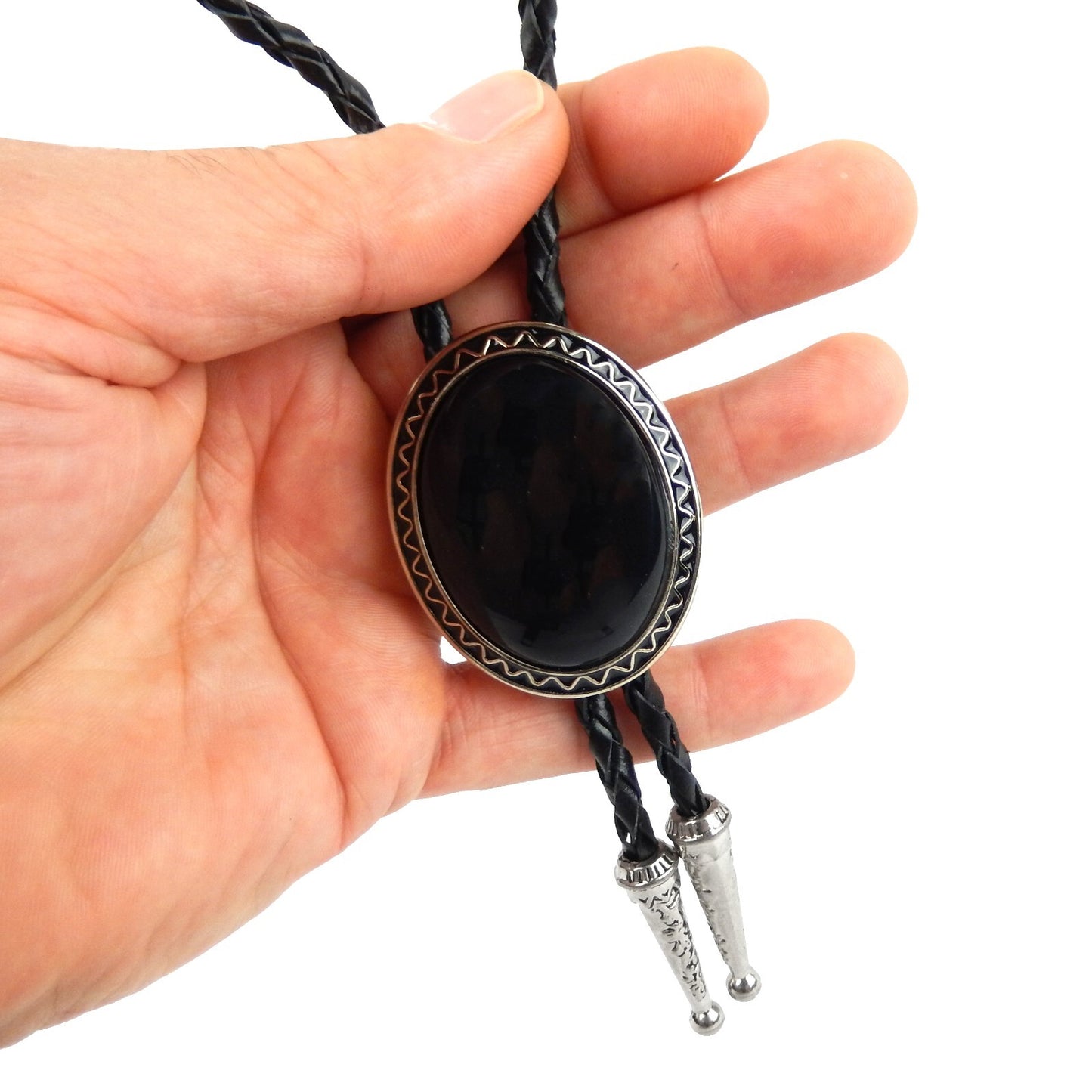 Oval Black Onyx Natural Stone Bolo Tie Silver Color 40 inch Black Leather Cord