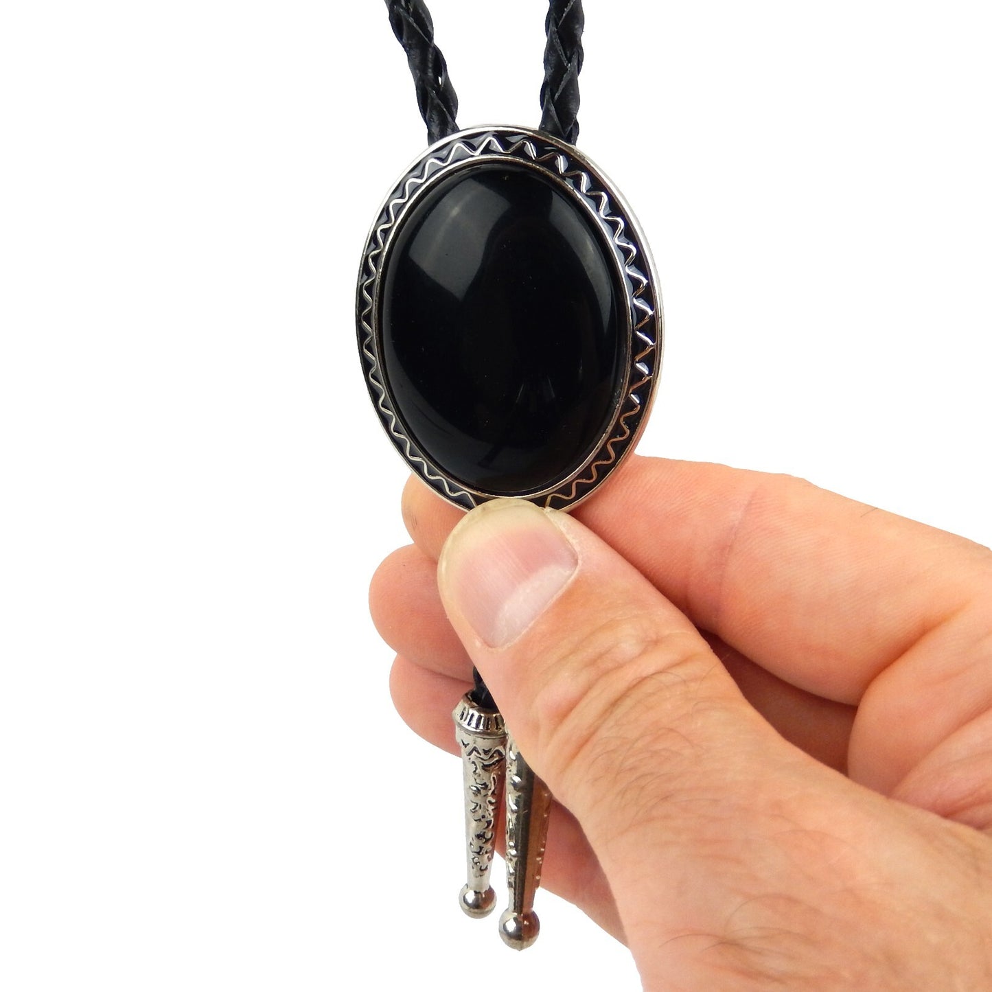 Oval Black Onyx Natural Stone Bolo Tie Silver Color 40 inch Black Leather Cord