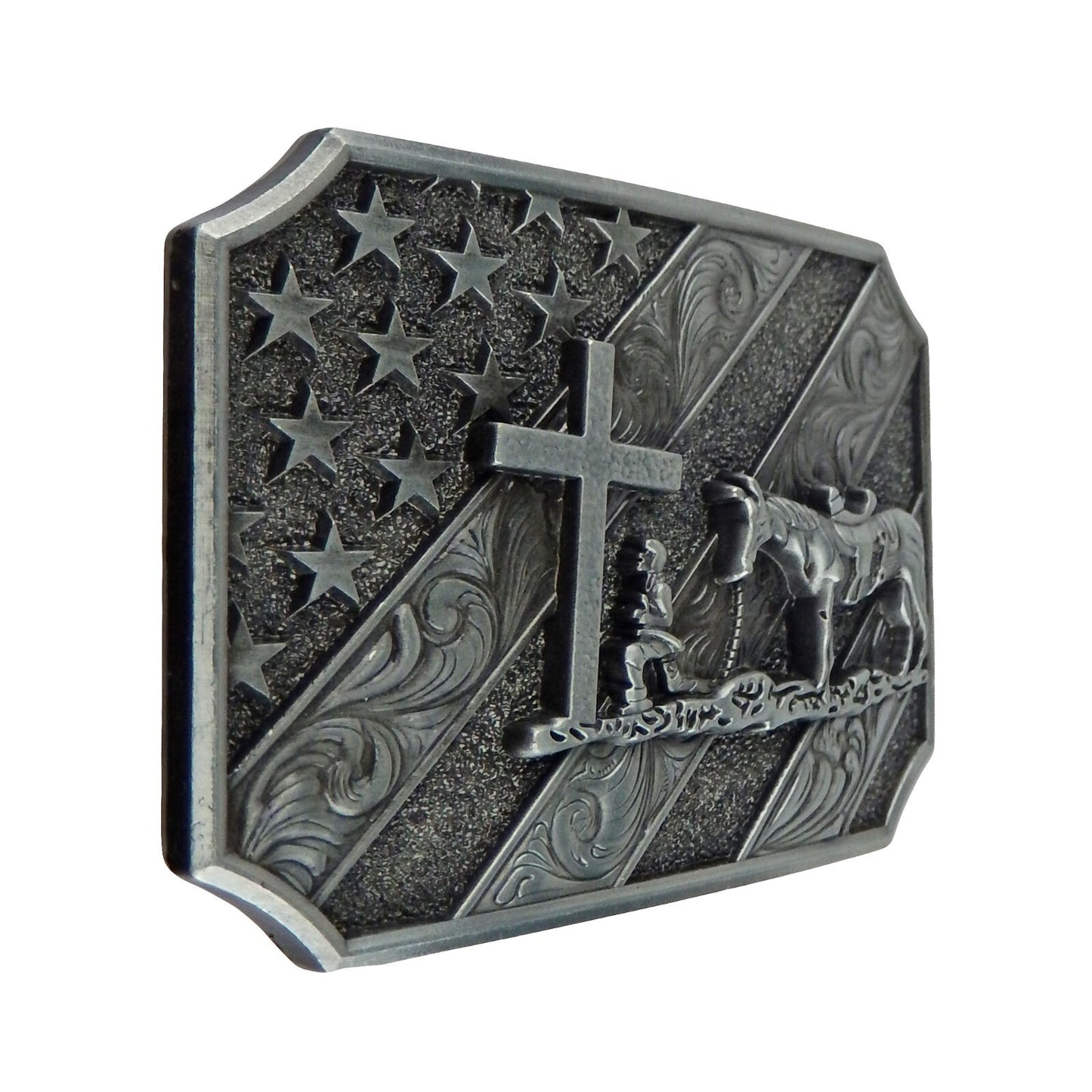 Kneeling Praying Cowboy Star Cross Belt Buckle Antique Silver Fits 1.5 inch Belt