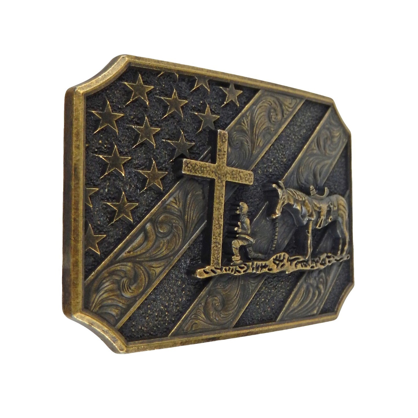 Kneeling Praying Cowboy Star Cross Belt Buckle Antique Bronze Fits 1.5 inch Belt