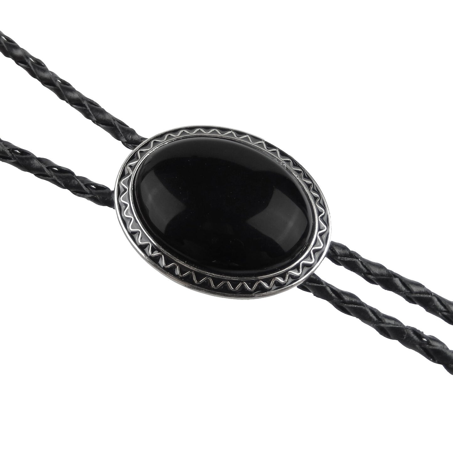 Oval Black Onyx Natural Stone Bolo Tie Silver Color 40 inch Black Leather Cord