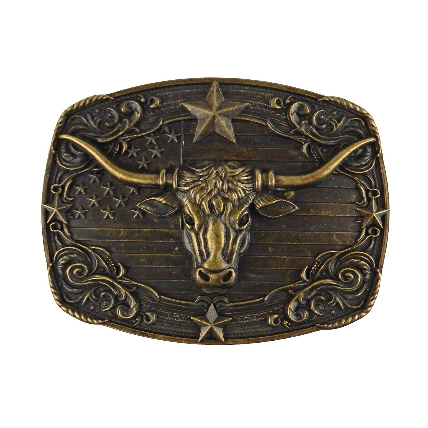 American Flag Longhorn Steer Star Belt Buckle Antique Bronze Fits 1.5 inch Belts