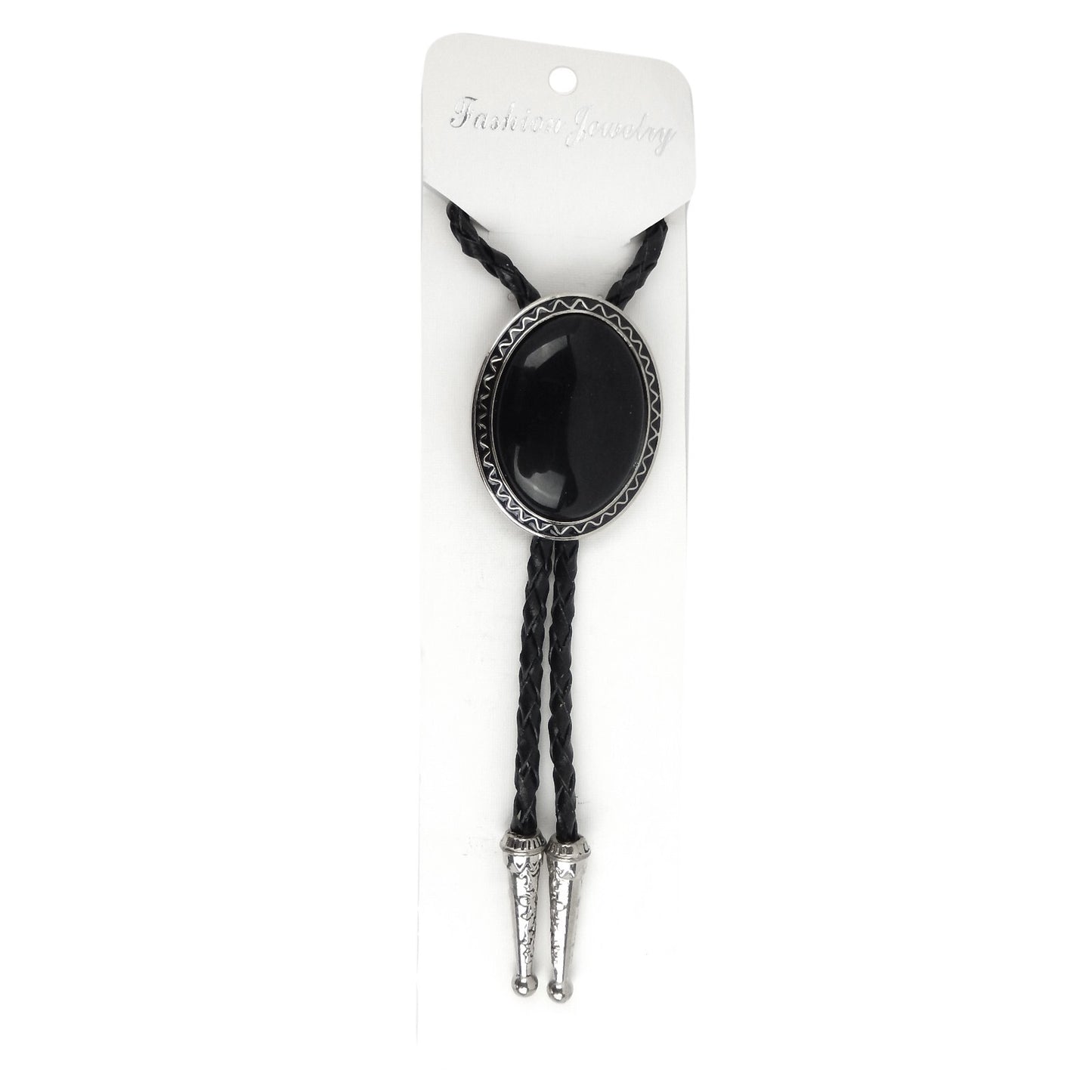 Oval Black Onyx Natural Stone Bolo Tie Silver Color 40 inch Black Leather Cord