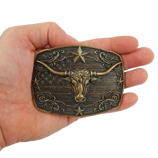American Flag Longhorn Steer Star Belt Buckle Antique Bronze Fits 1.5 inch Belts