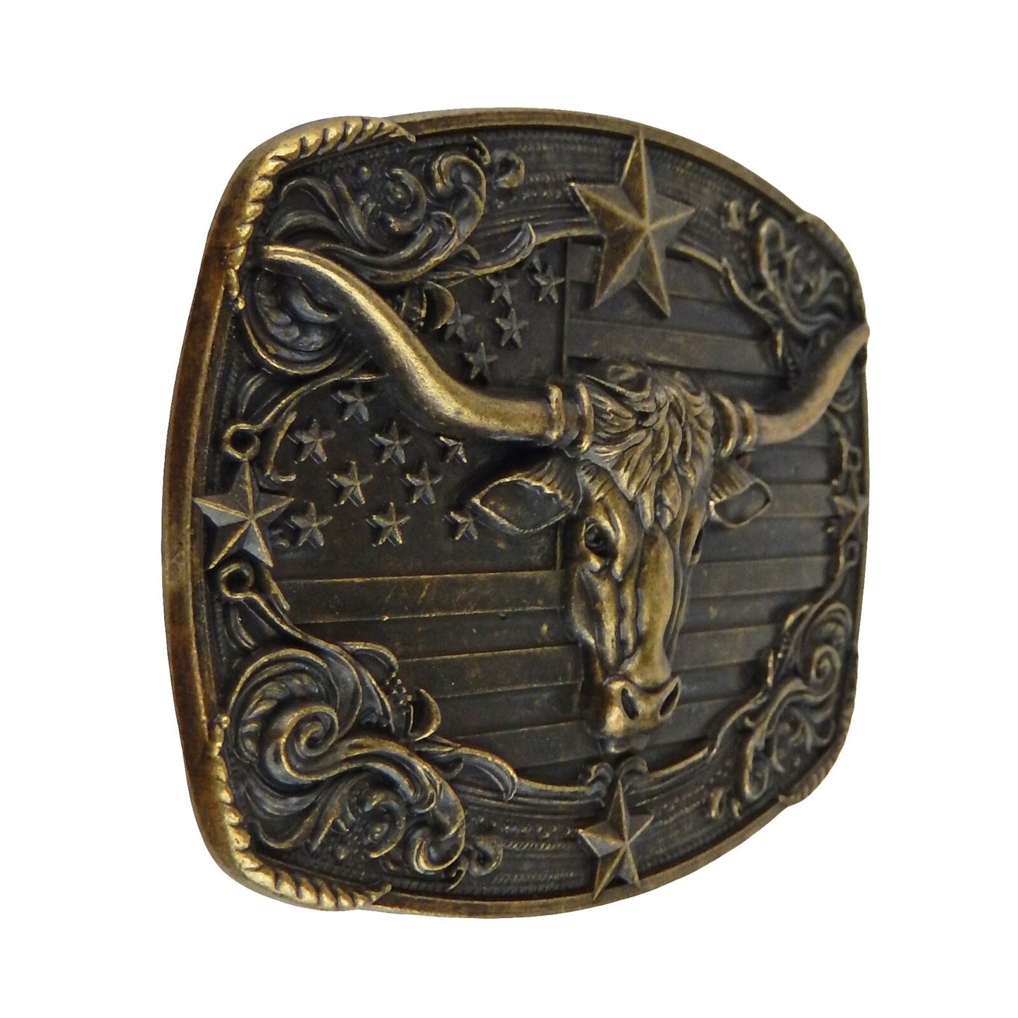 American Flag Longhorn Steer Star Belt Buckle Antique Bronze Fits 1.5 inch Belts