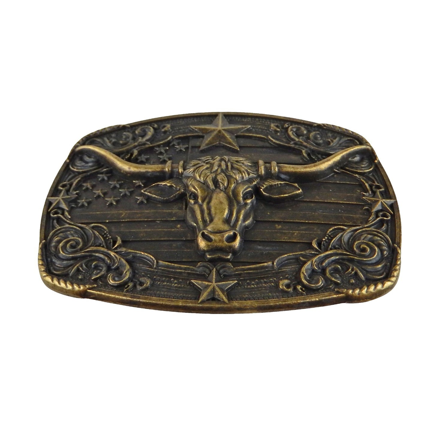 American Flag Longhorn Steer Star Belt Buckle Antique Bronze Fits 1.5 inch Belts