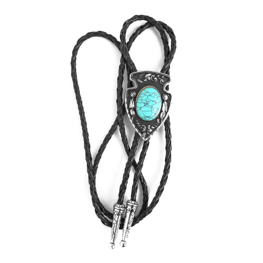 Arrowhead Oval Turquoise Stone Bolo Tie Silver Color 40 in Black Leather Cord