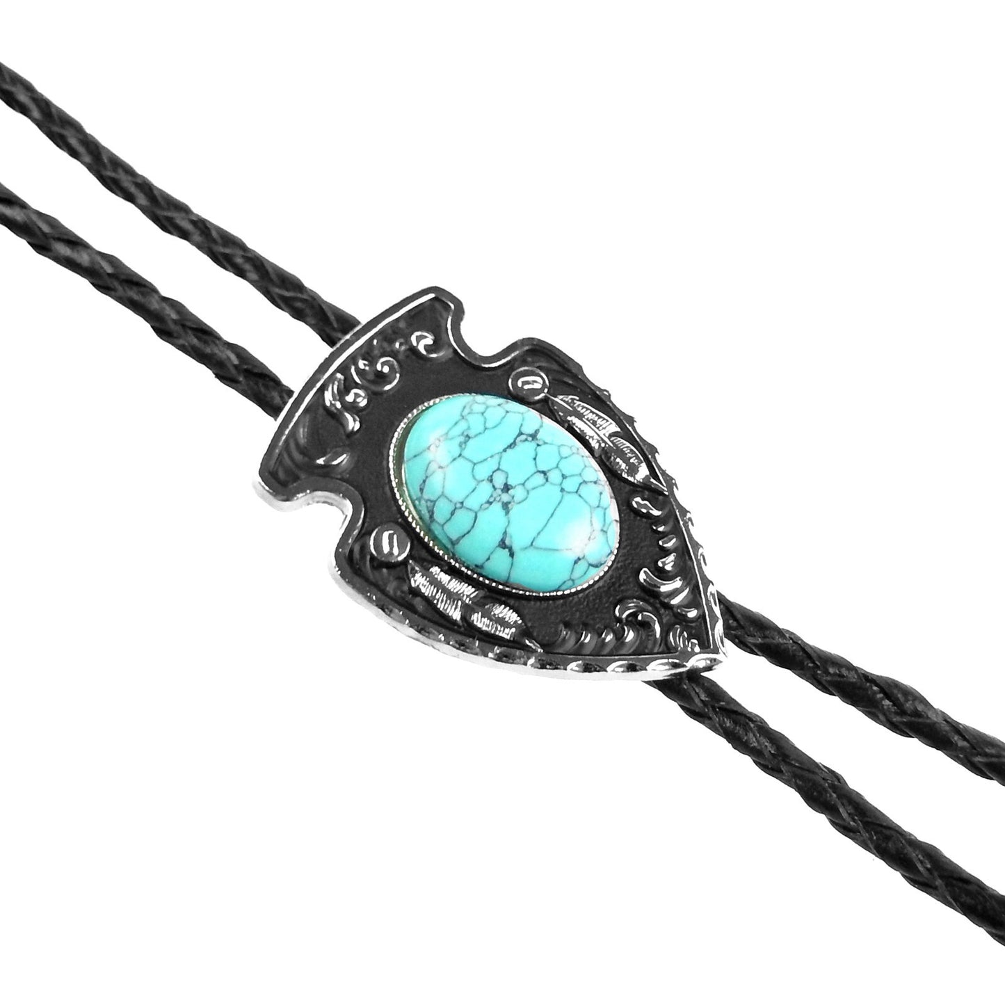 Arrowhead Oval Turquoise Stone Bolo Tie Silver Color 40 in Black Leather Cord