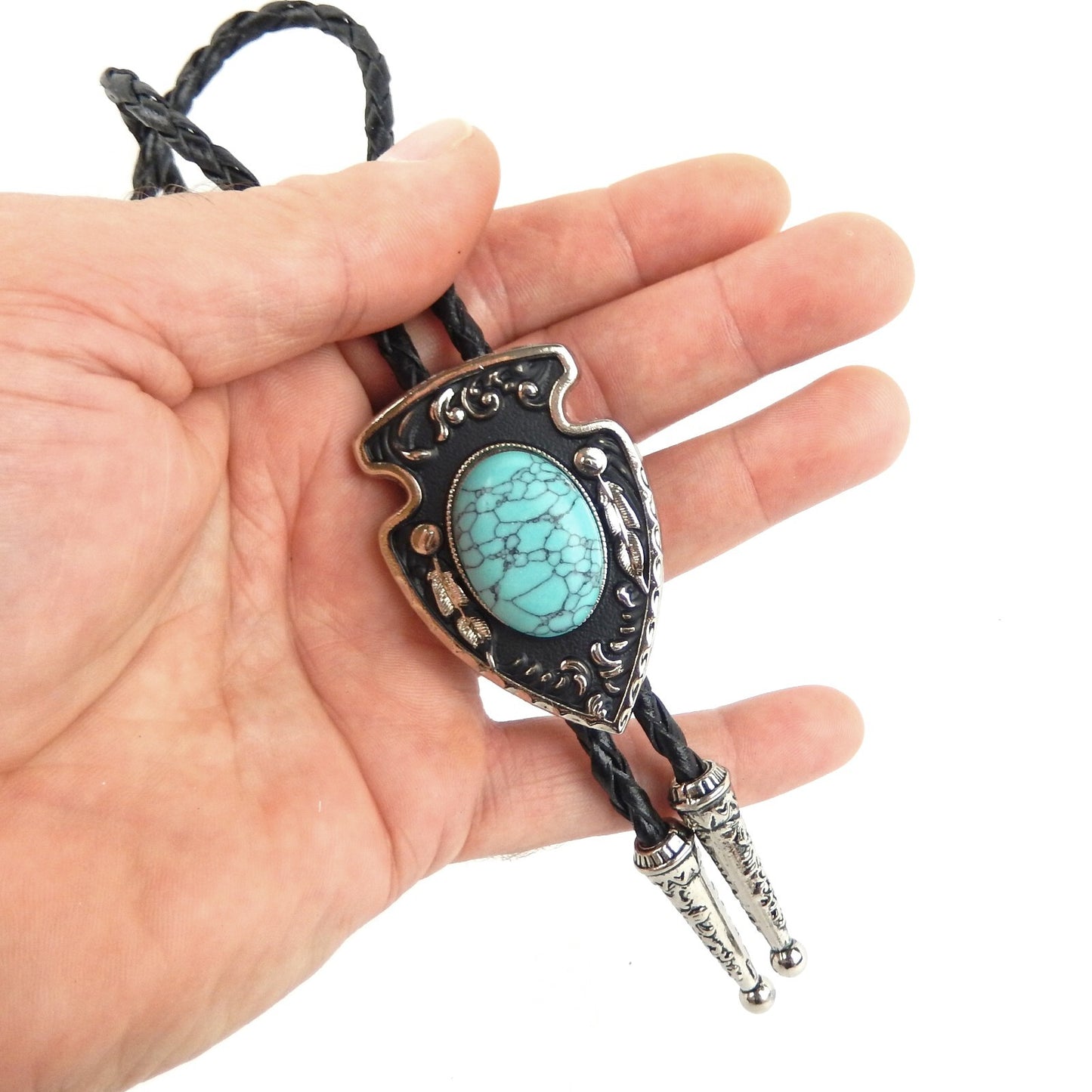 Arrowhead Oval Turquoise Stone Bolo Tie Silver Color 40 in Black Leather Cord