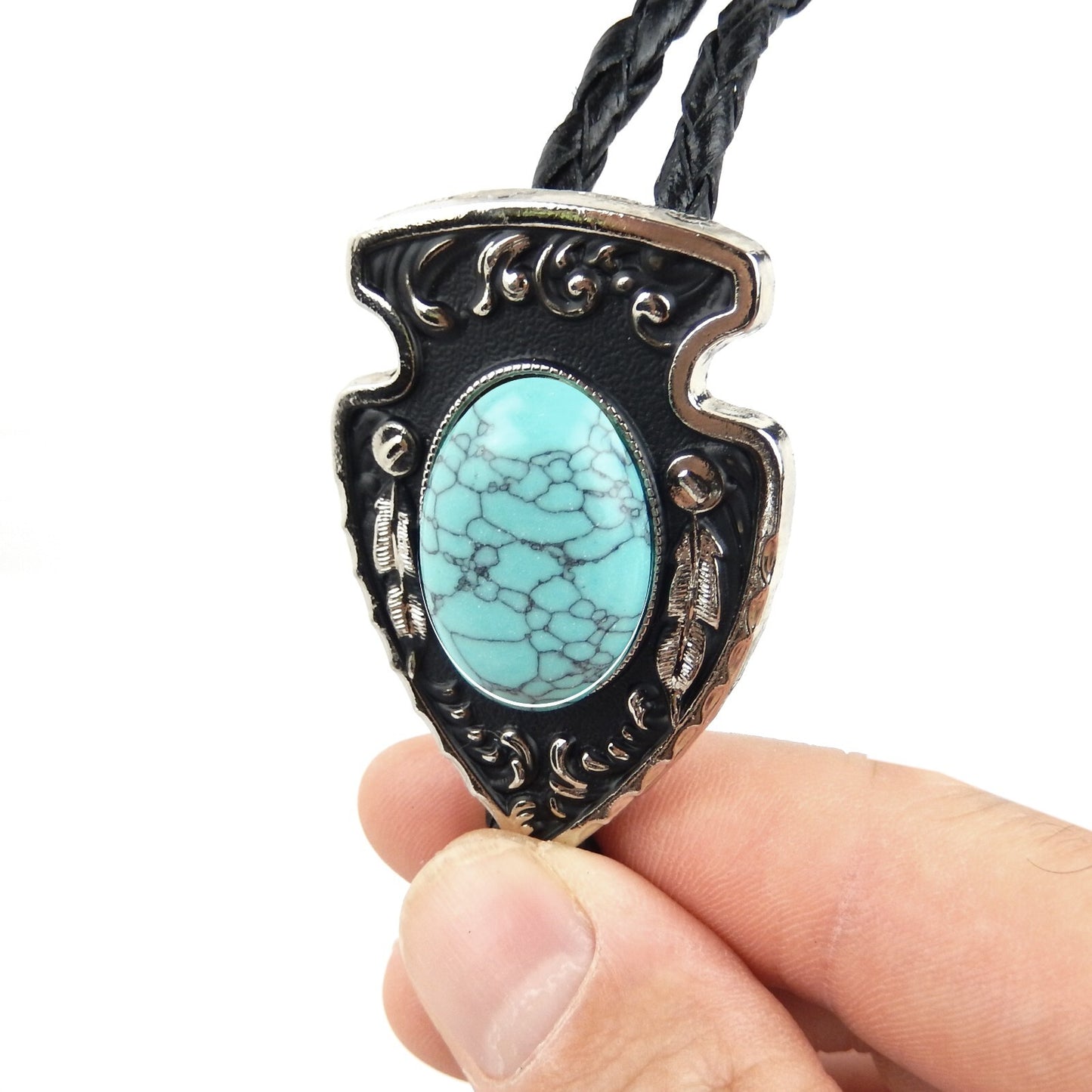 Arrowhead Oval Turquoise Stone Bolo Tie Silver Color 40 in Black Leather Cord