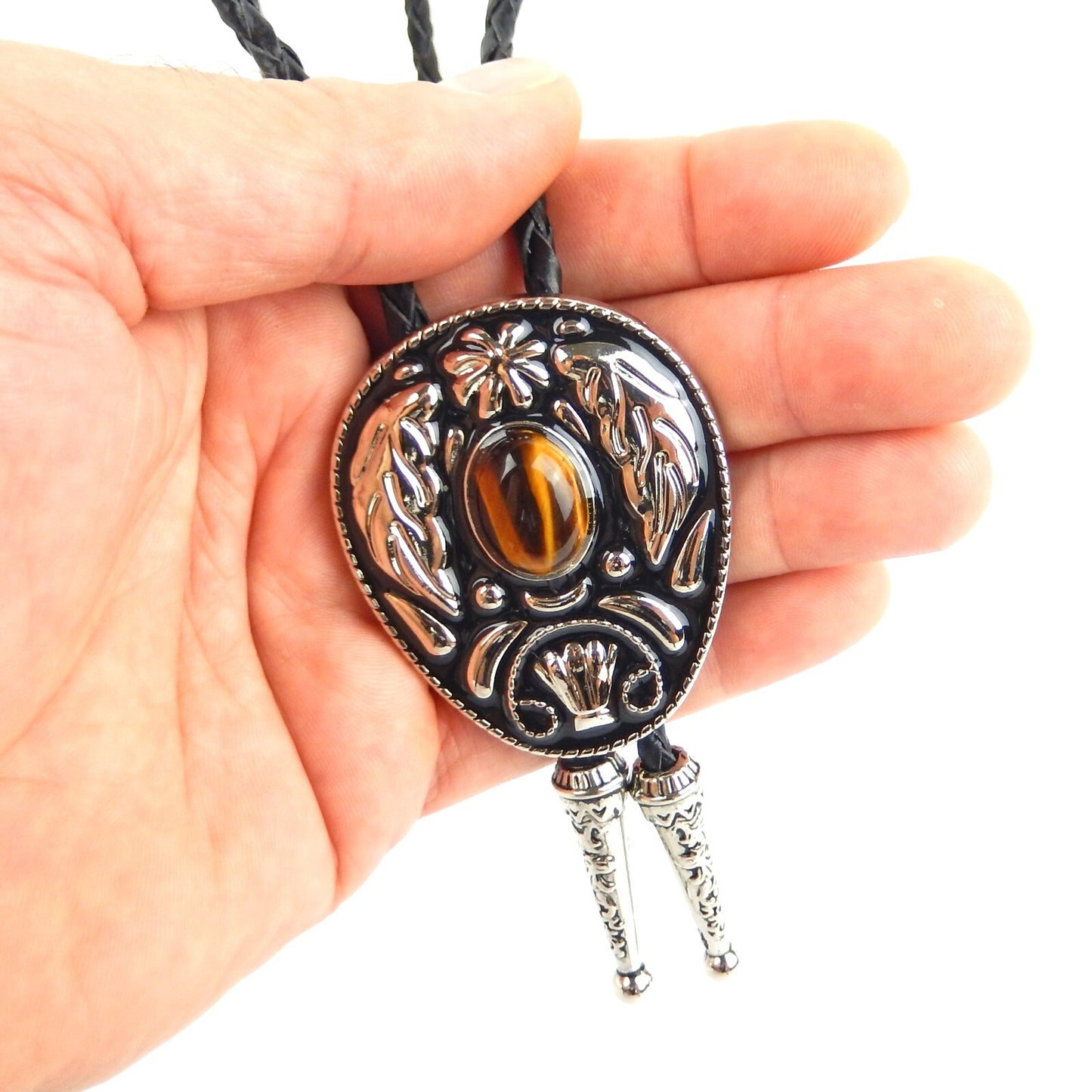 Oval Tiger's Eye Stone Feather Bolo Tie Silver Color 40 inch Black Leather Cord