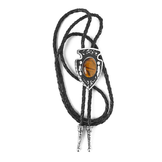 Arrowhead Oval Tiger's Eye Stone Bolo Tie Silver Color 40 in Black Leather Cord