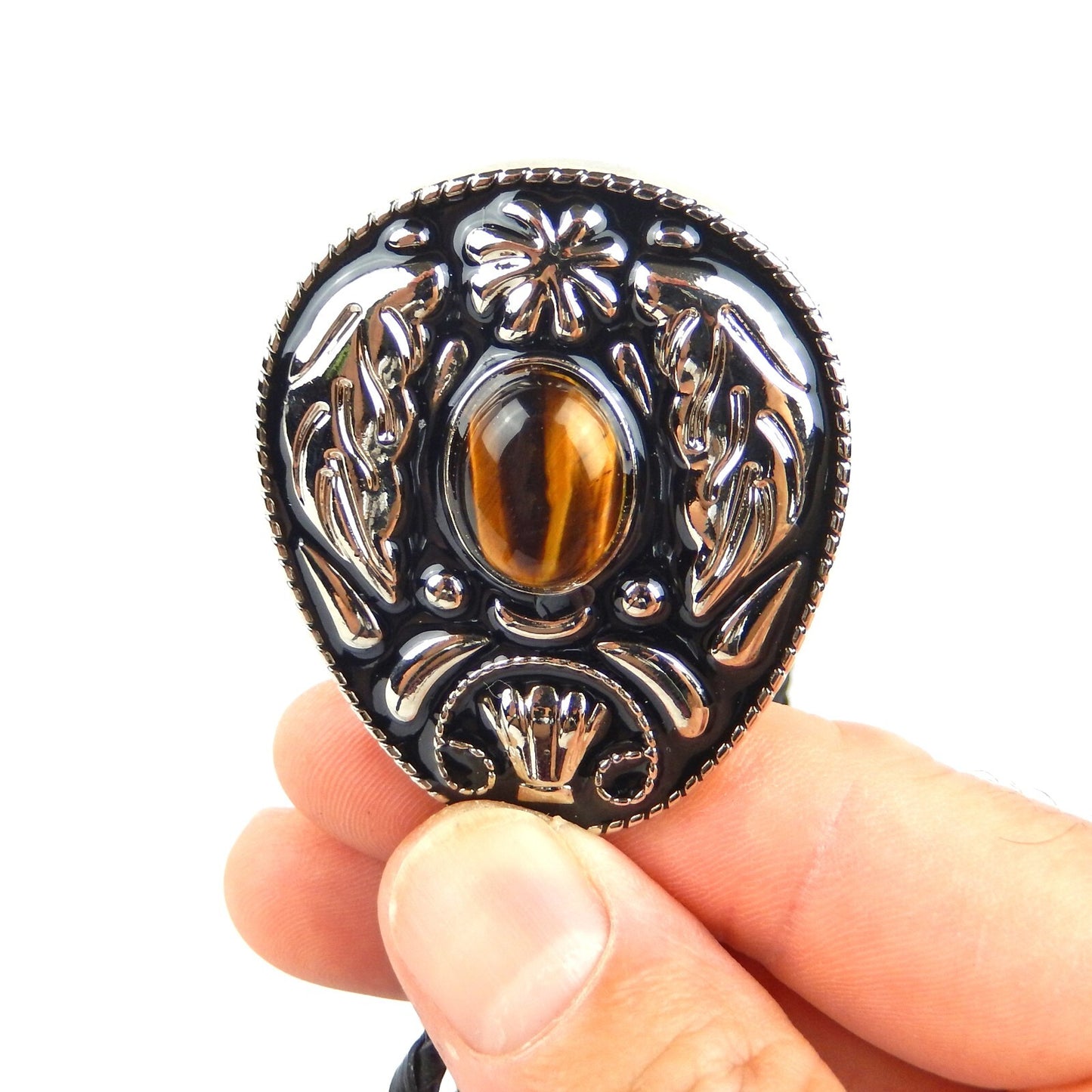Oval Tiger's Eye Stone Feather Bolo Tie Silver Color 40 inch Black Leather Cord