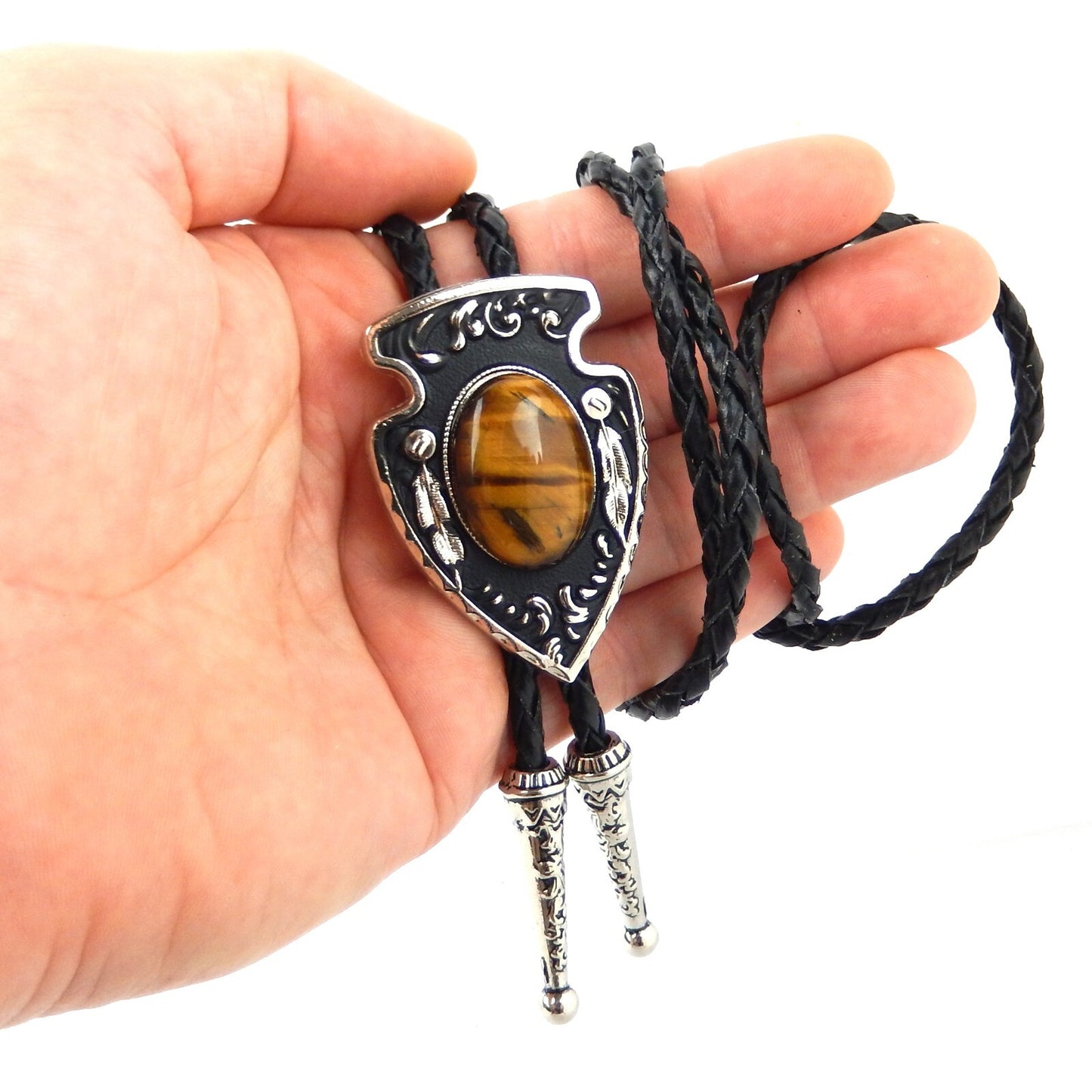 Arrowhead Oval Tiger's Eye Stone Bolo Tie Silver Color 40 in Black Leather Cord