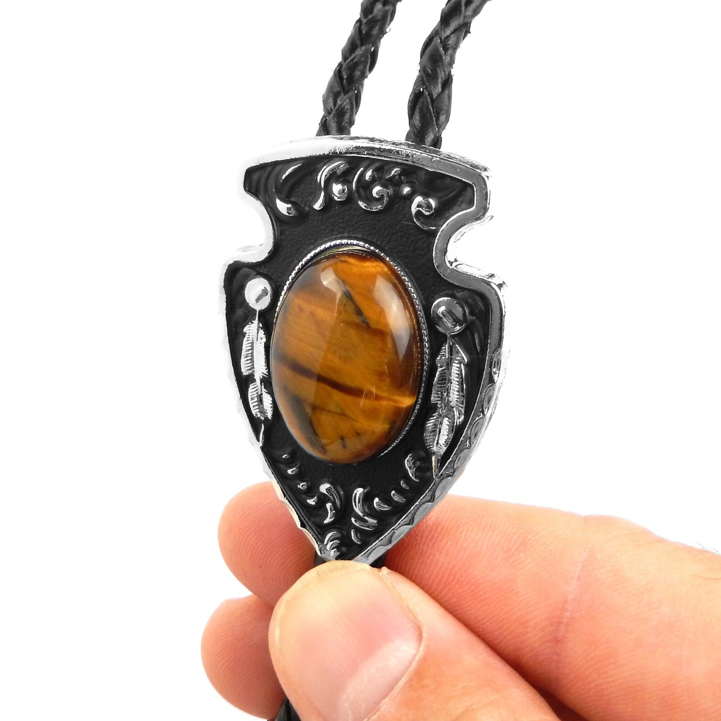 Arrowhead Oval Tiger's Eye Stone Bolo Tie Silver Color 40 in Black Leather Cord