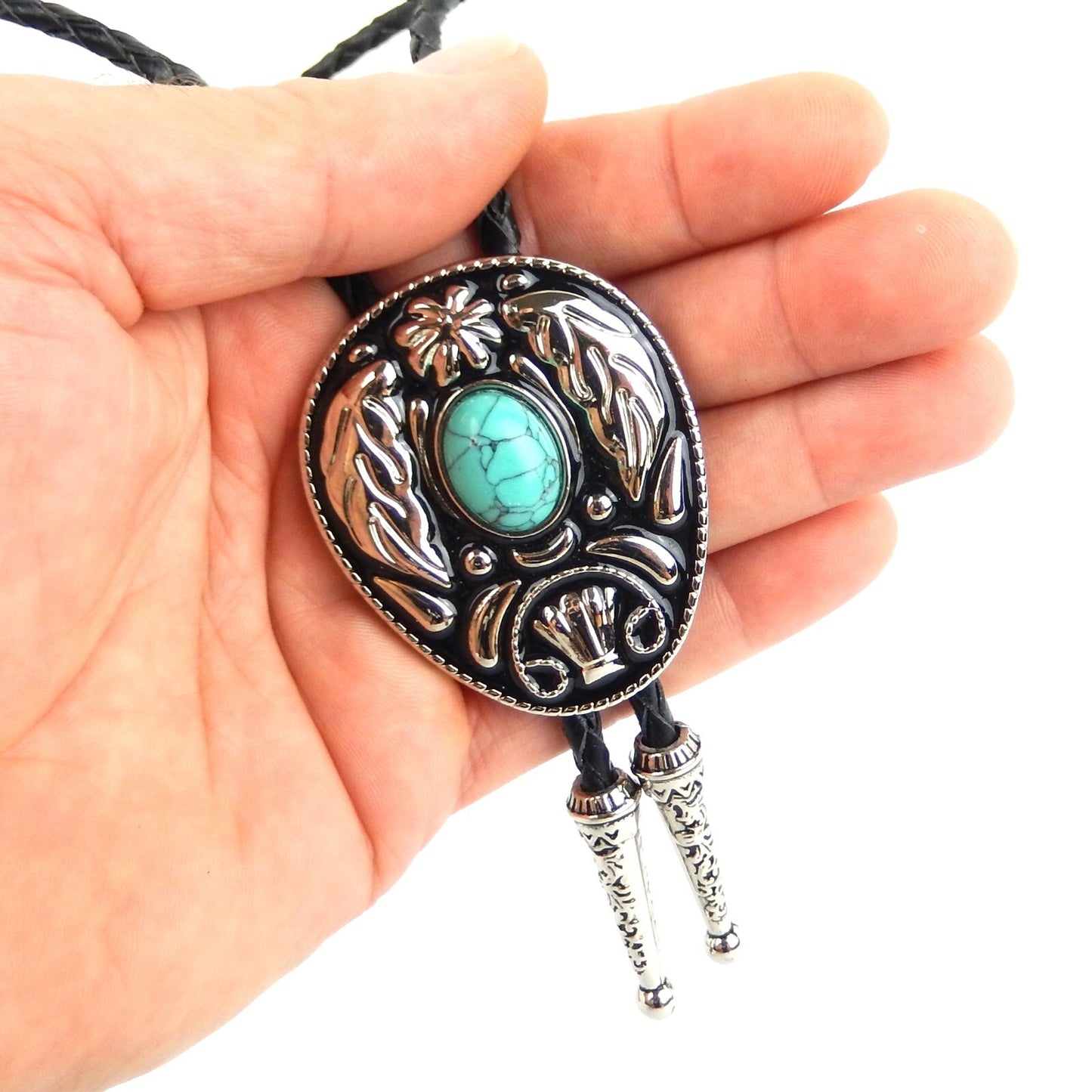 Oval Turquoise Stone Feather Bolo Tie Silver Color 40 inch Black Leather Cord