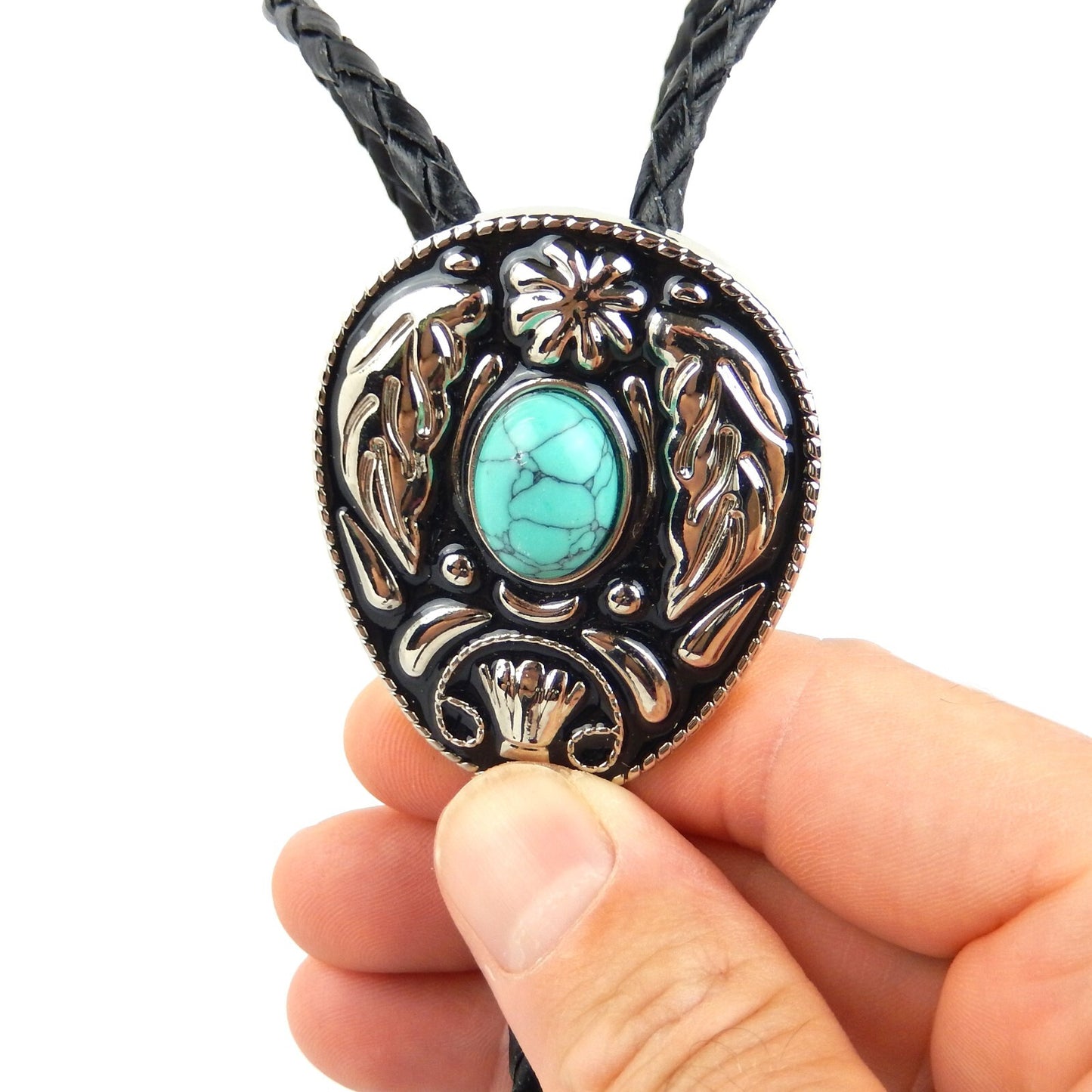 Oval Turquoise Stone Feather Bolo Tie Silver Color 40 inch Black Leather Cord