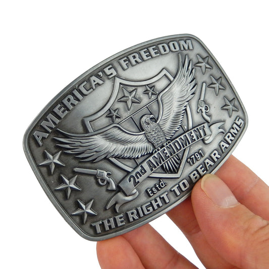 America's Freedom Belt Buckle 2nd Amendment Antique Silver Eagle Shield Stars