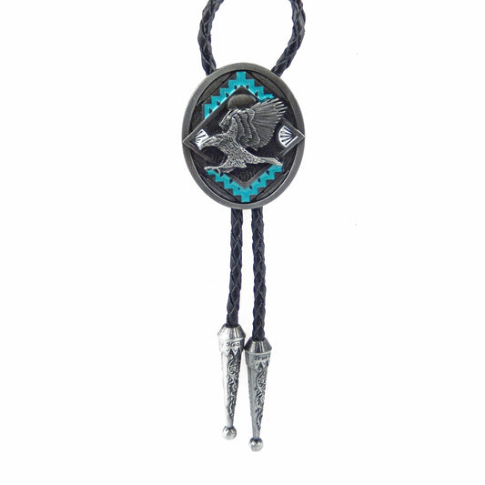 Southwestern Aztec Eagle Turquoise Geometric Bolo Tie 40 inch Black Leather Cord