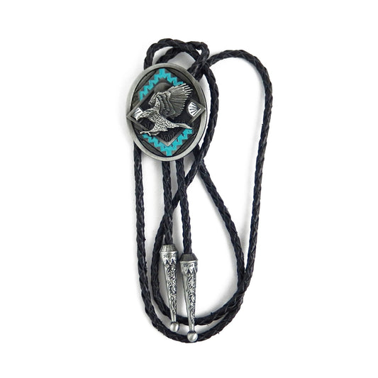 Southwestern Aztec Eagle Turquoise Geometric Bolo Tie 40 inch Black Leather Cord