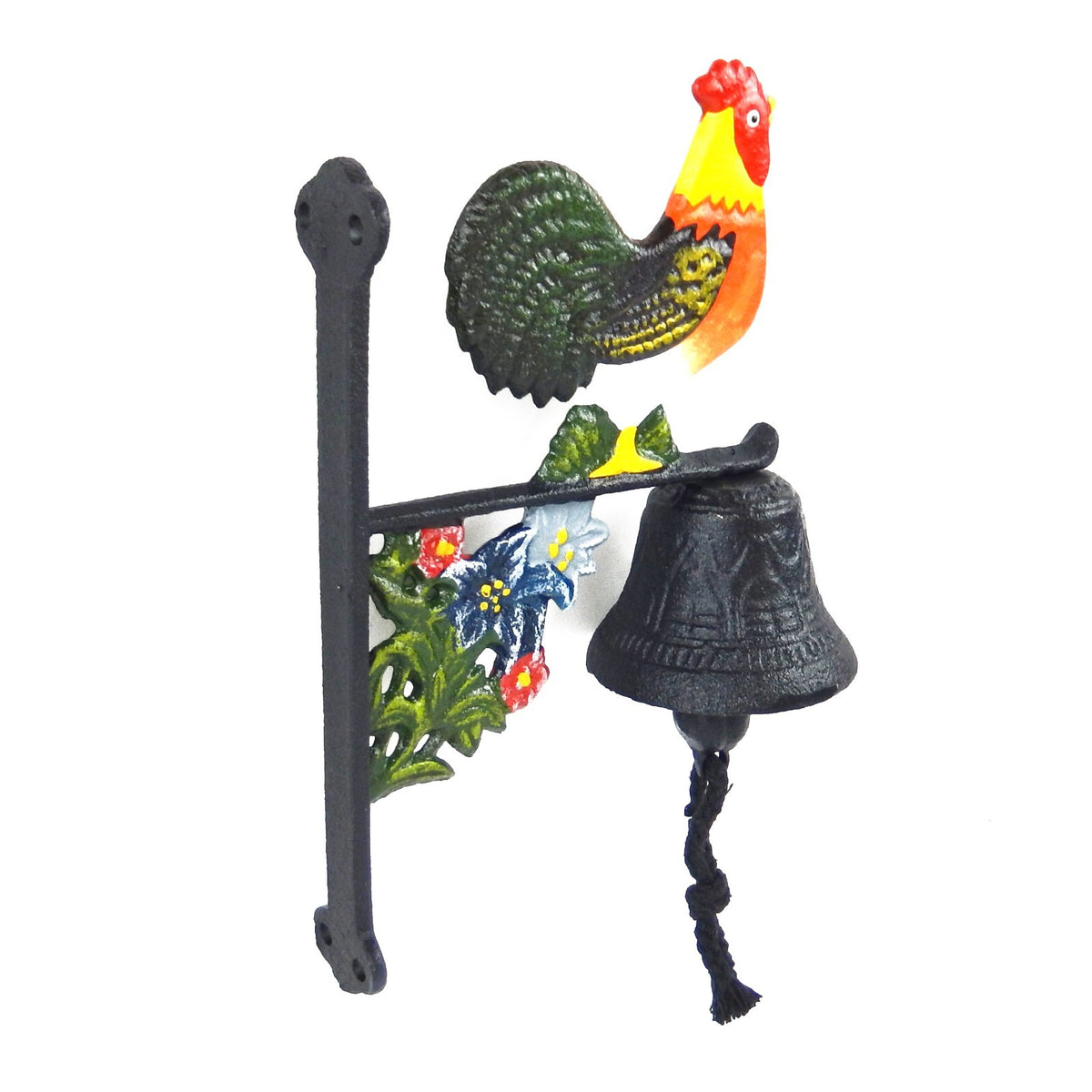 Small Cast Iron Metal Rooster Dinner Bell Hand Painted Flower Post or Wall Mount