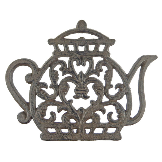 Teapot Kettle Trivet Hot Pot Plate Holder Floral Rustic Antique Brown Cast Iron