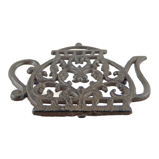 Teapot Kettle Trivet Hot Pot Plate Holder Floral Rustic Antique Brown Cast Iron