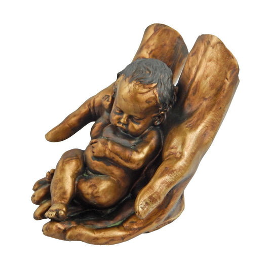Baby Cradled in Hands Religious Shelf Sitter Decor Figurine Rustic Gold Finish
