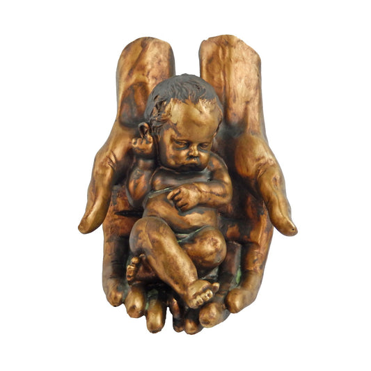 Baby Cradled in Hands Religious Shelf Sitter Decor Figurine Rustic Gold Finish