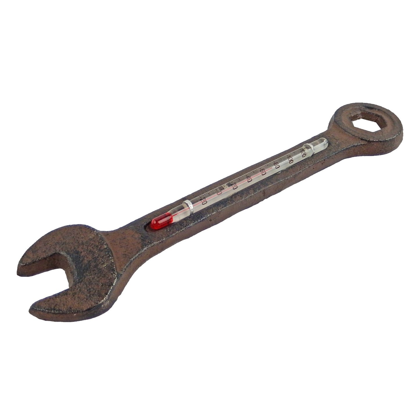 Cast Iron Wrench Shaped Garden Thermometer Mechanic Man Cave Decor Rustic Brown