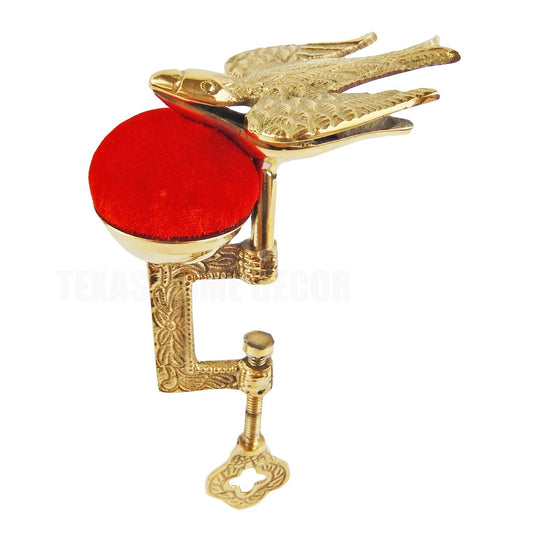 Solid Brass Sewing Bird Table Clamp Red Velvet Pin Cushion Antique Style