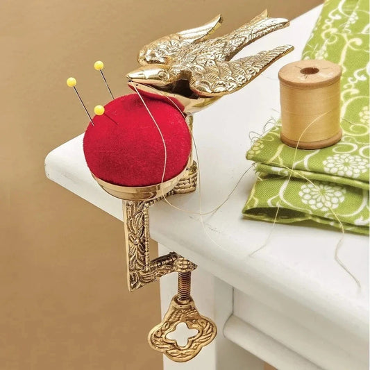 Solid Brass Sewing Bird Table Clamp Red Velvet Pin Cushion Antique Style