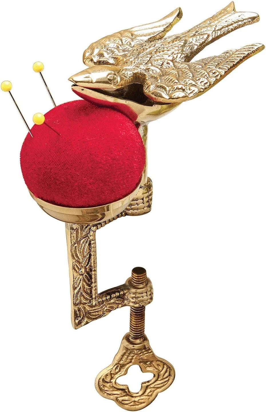 Solid Brass Sewing Bird Table Clamp Red Velvet Pin Cushion Antique Style