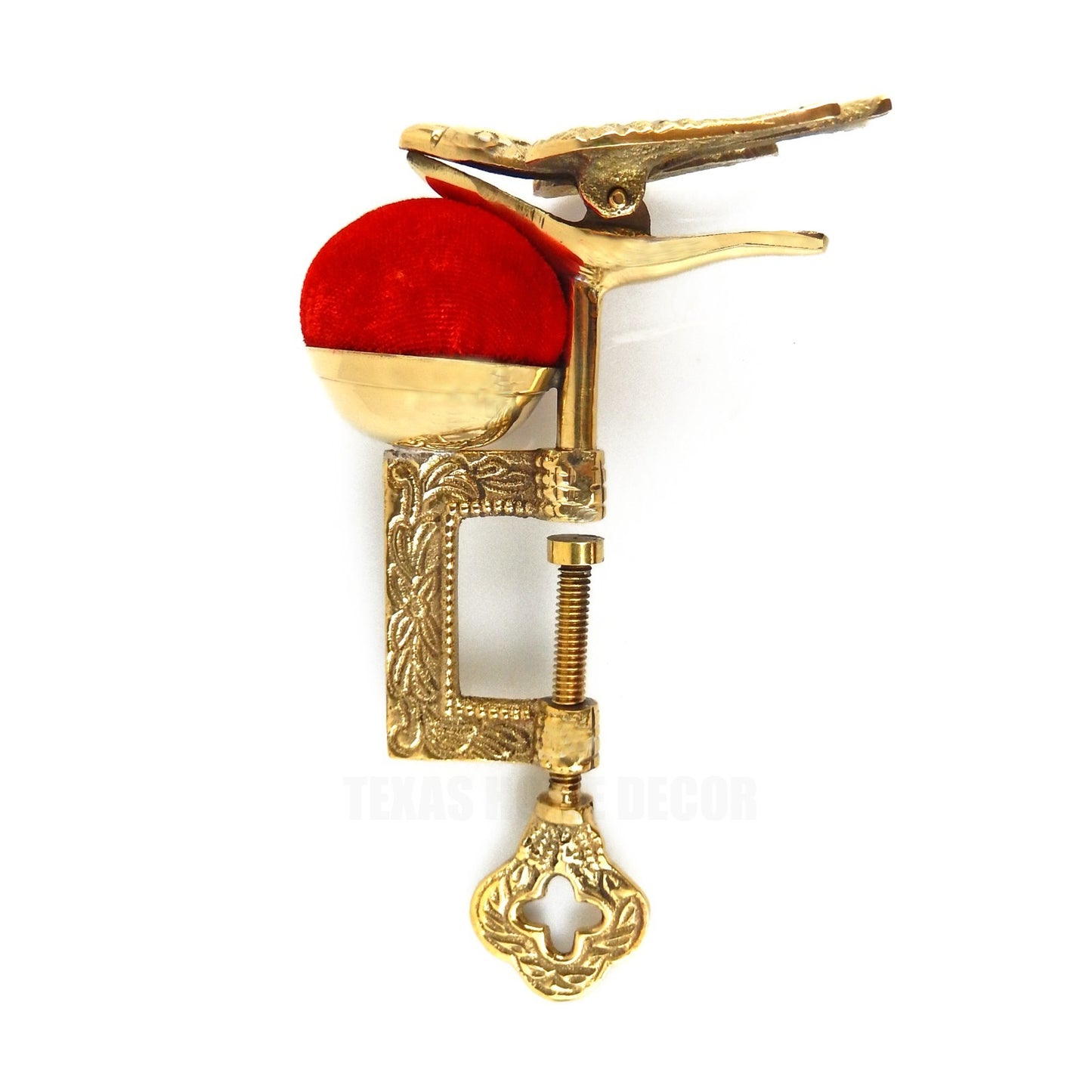 Solid Brass Sewing Bird Table Clamp Red Velvet Pin Cushion Antique Style
