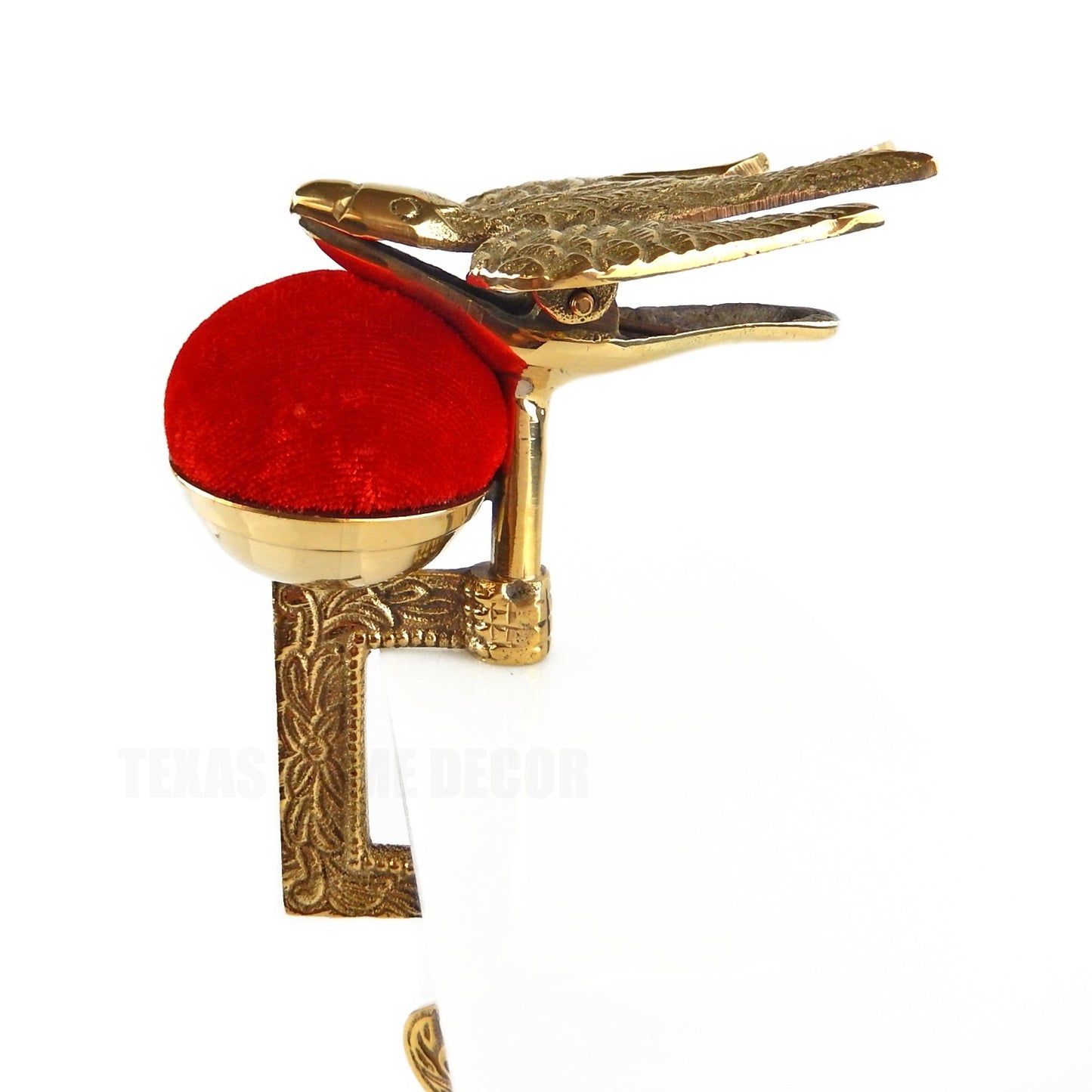 Solid Brass Sewing Bird Table Clamp Red Velvet Pin Cushion Antique Style