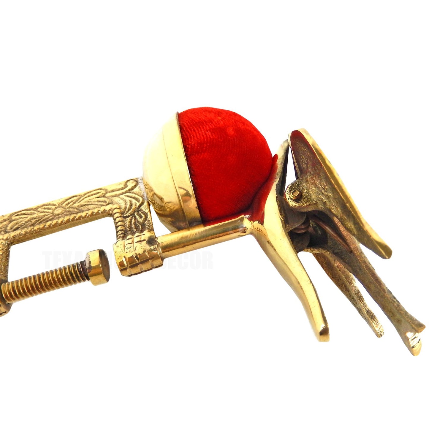 Solid Brass Sewing Bird Table Clamp Red Velvet Pin Cushion Antique Style