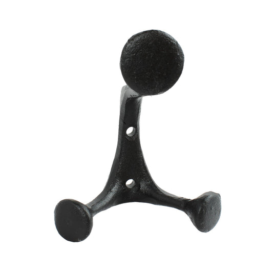 Black Cast Iron Triple Wall Hook Towel Coat Cap Purse Behind Door Hanger 4.25 in