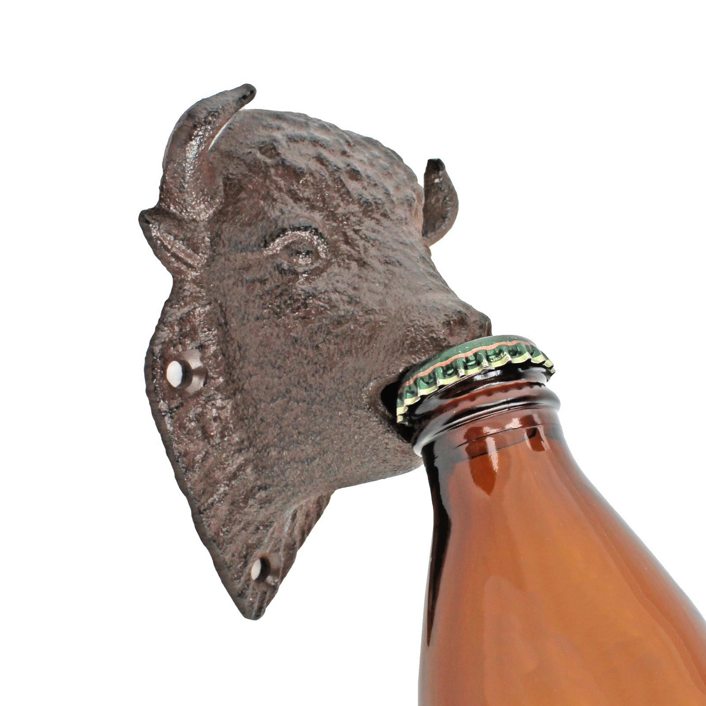 Rustic Cast Iron Buffalo Bison Beer Soda Bottle Opener Wall Mount Antique Brown