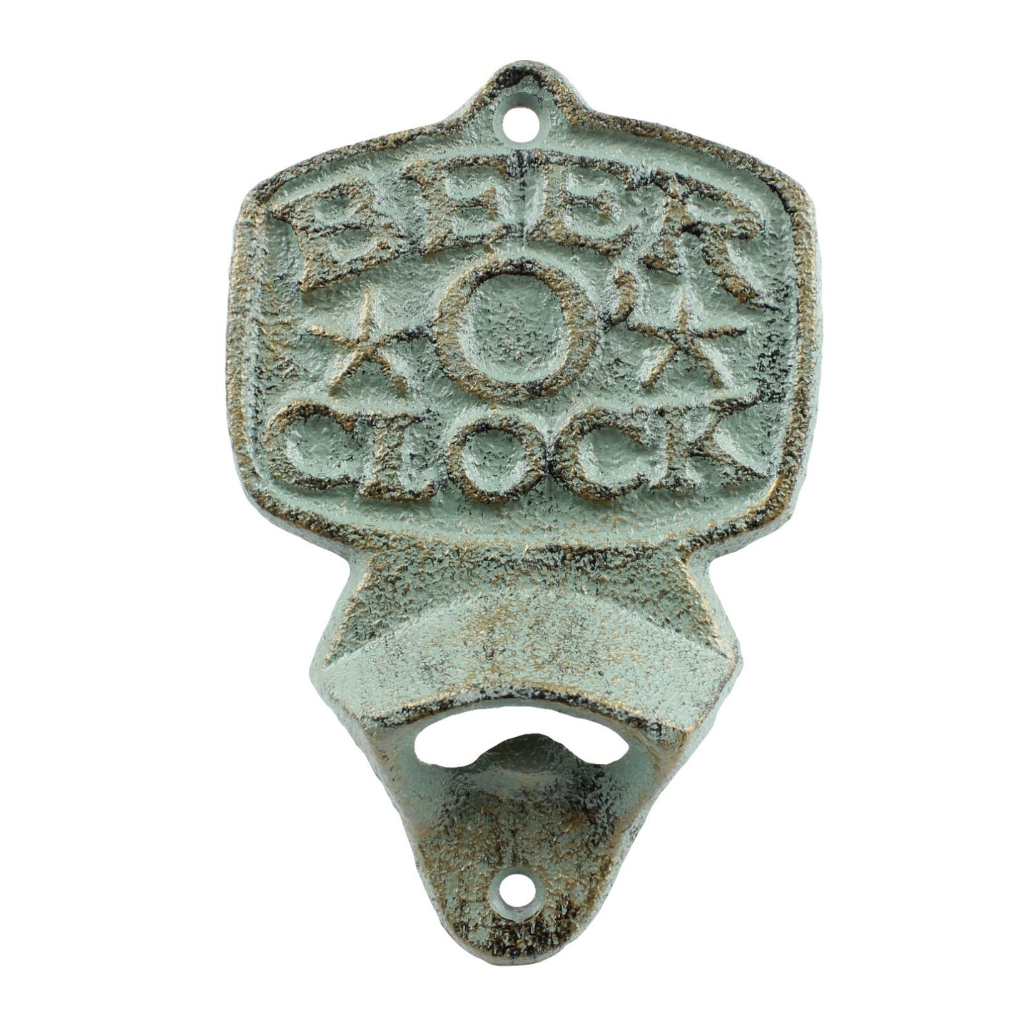 Cast Iron Beer O' Clock Bottle Opener Wall Mounted Rustic Verdigris Green & Gold