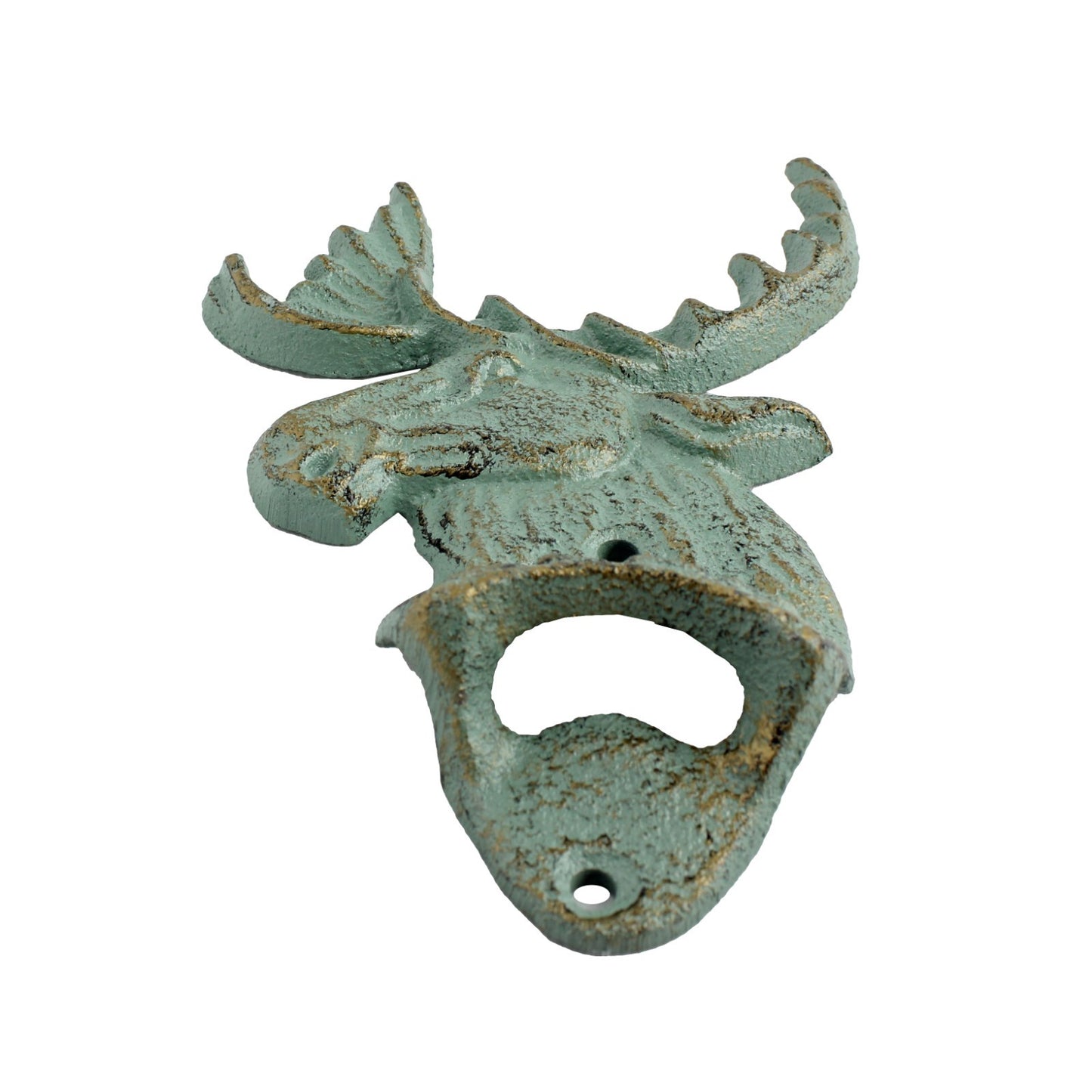 Cast Iron Moose Head Beer Bottle Opener Wall Mounted Verdigris Green Gold Finish
